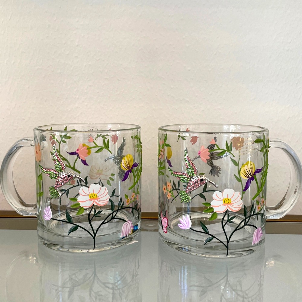 2pc Hand Painted Clear Glass Mugs Multicolored Floral Rhinestone Hummingbird New